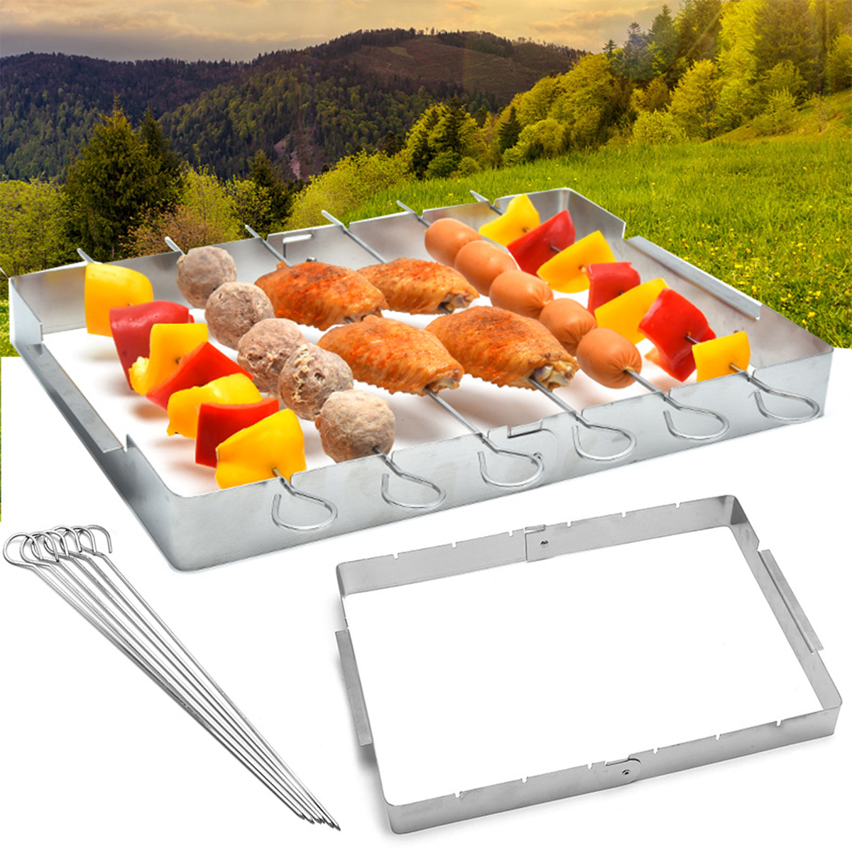 Barbecue Skewer Shish Kabob Set，Foldable Stainless Steel Grill Rack Set with 6 pcs Skewers for Party and Home - image 3 of 8