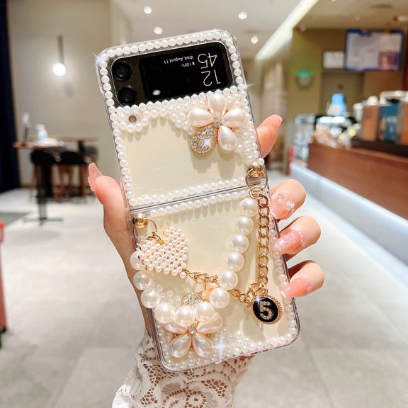 Girly Case Compatible with Samsung Galaxy Z Flip 3 with Pearl Bracelet Chain Clear Shockproof Case