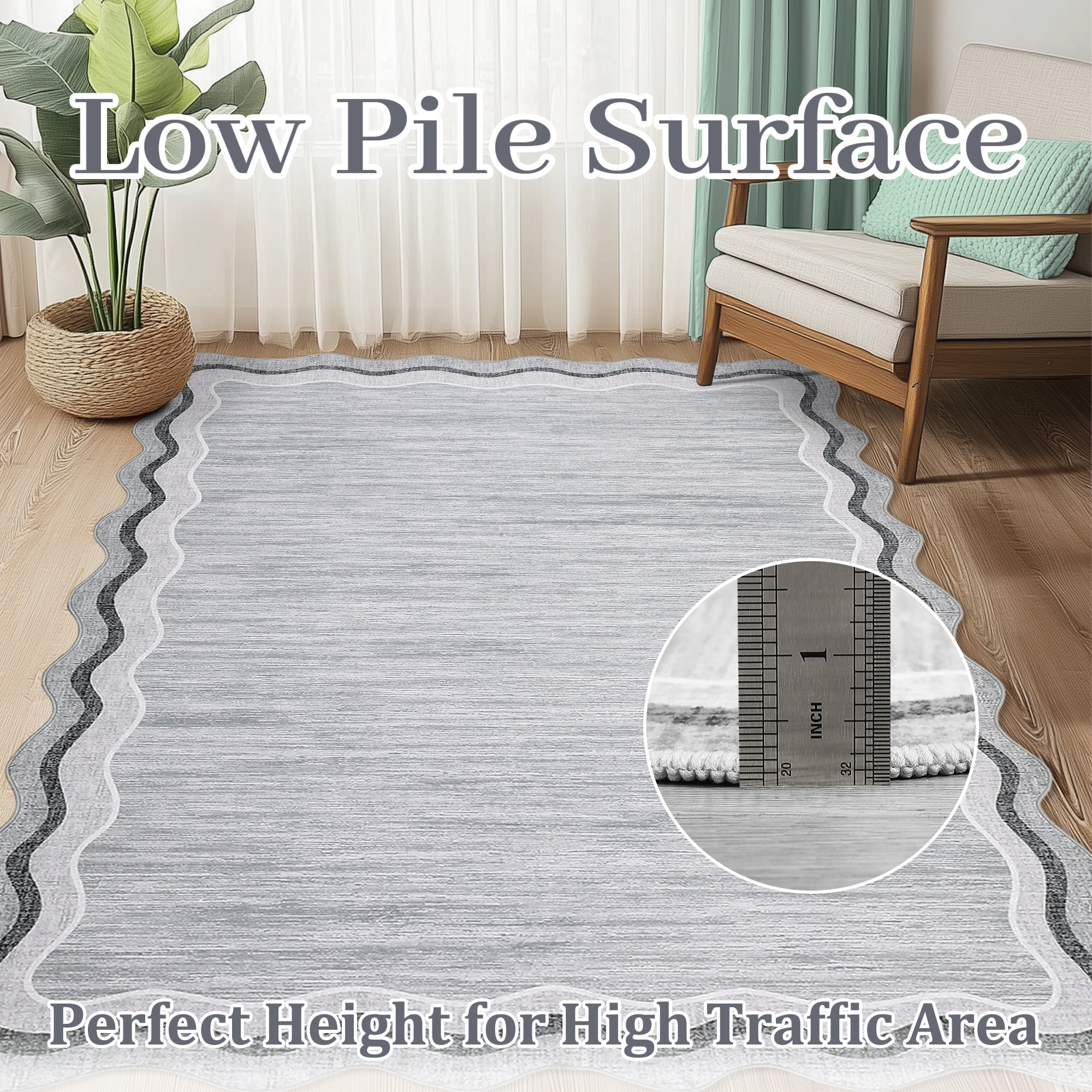 Large Scalloped Living Room Rug 10x13 Washable Modern Accent Carpet, Contemporary Low Pile Area Rugs with Non-Slip Backing, Stain-Resistant Foldable Floor Mat for Bedroom, Office, Grey