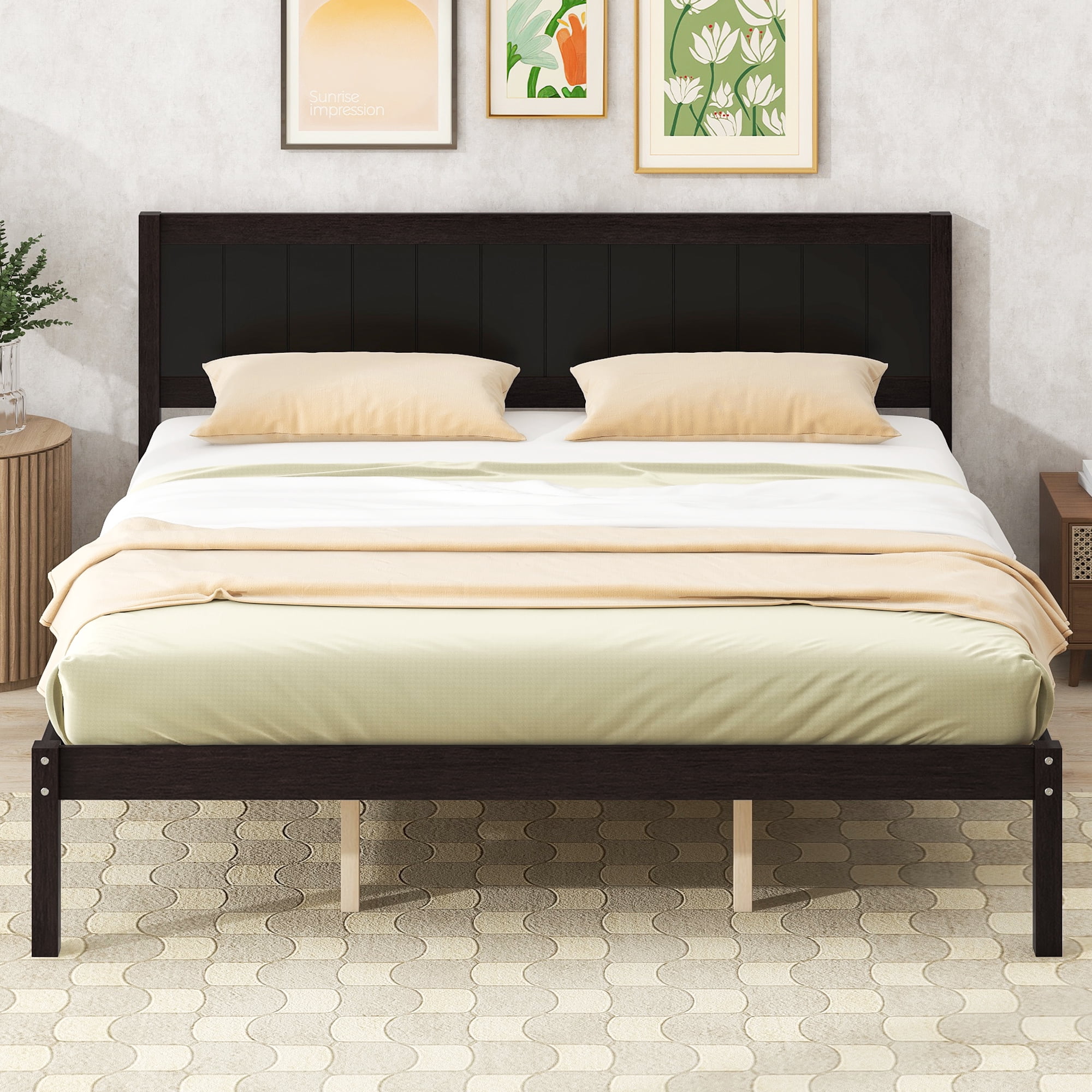 Euroco King Size Wood Platform Bed with Headboard and Slats, Espresso