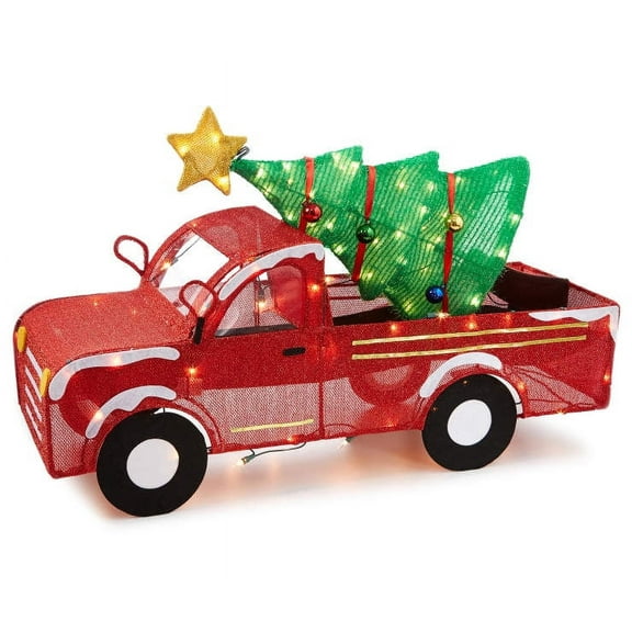 33 Inch Wide - Light-Up Tinsel Truck with Holiday Christmas Tree, Pre-Lit with 100 Lights