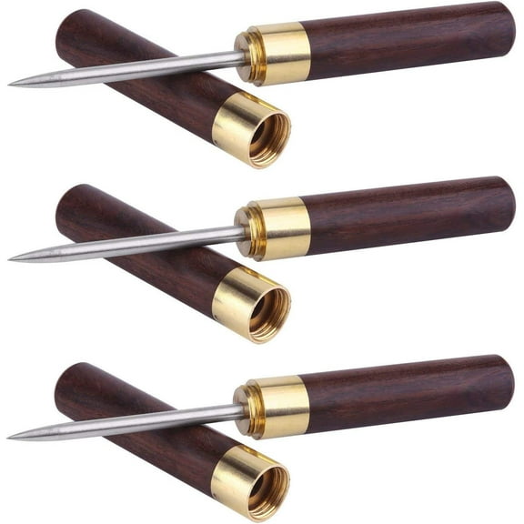 3-Pack Portable Stainless Steel Ice Picks with Wooden Handle and Safety Cover for Kitchen Bar (Ebonywood)
