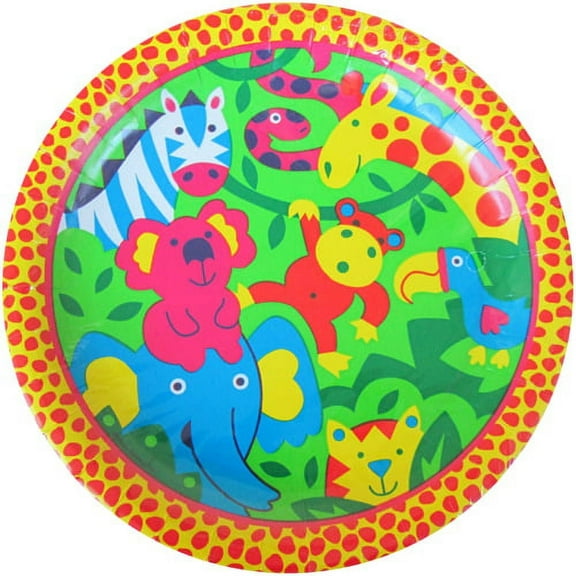 Various Bright Safari Jungle Animals Disposable Paper Plates, 8 Count
