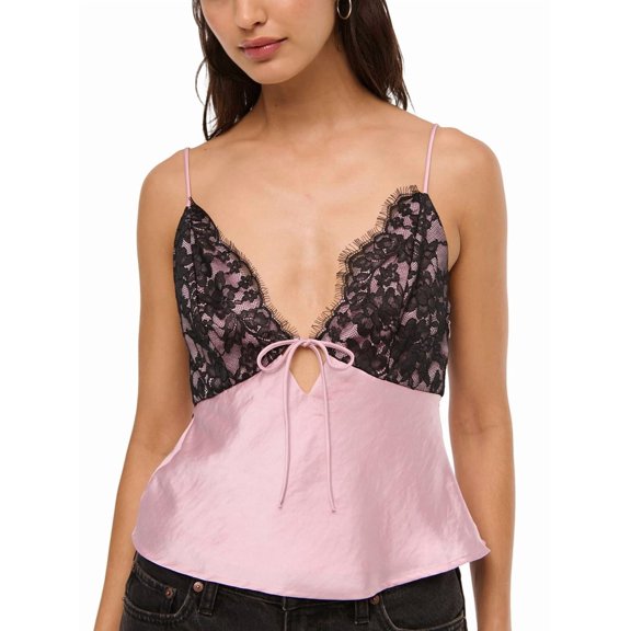 Women Polka Dot Print Tank Top Lace Trim Bralette Spaghetti Strap Y2k Camisole Pink L