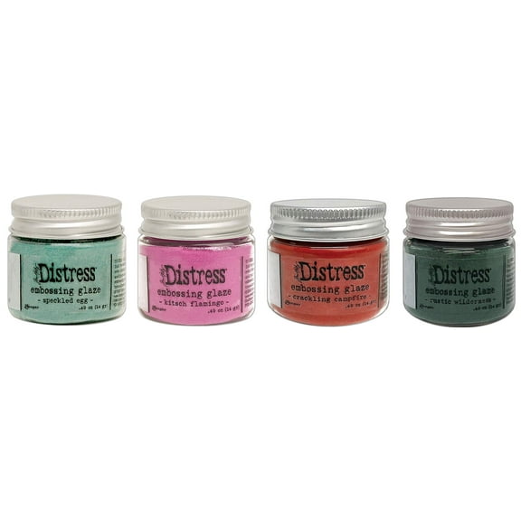 Tim Holtz Distress Embossing Glazes - Speckled Egg, Kitsch Flamingo, Crackling Campfire & Rustic Wilderness - 4 Item Bundle