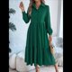 thumbnail image 4 of Vestido Camisero Informal de 3/4 para Mujer, con Botones, Cuello en V, Cuello Escalonado, Holgado y Verde Oscuro L, 4 of 9