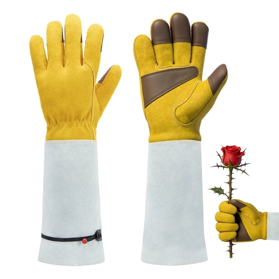 VOROLAK Long Gardening Gloves, Thorn Proof Rose Gardening Gloves for Men & Women  | Long Sleeve Protective Leather Gloves for Weeding, Planting & Yard Work | Large Size Garden Work Gloves (Yellow)