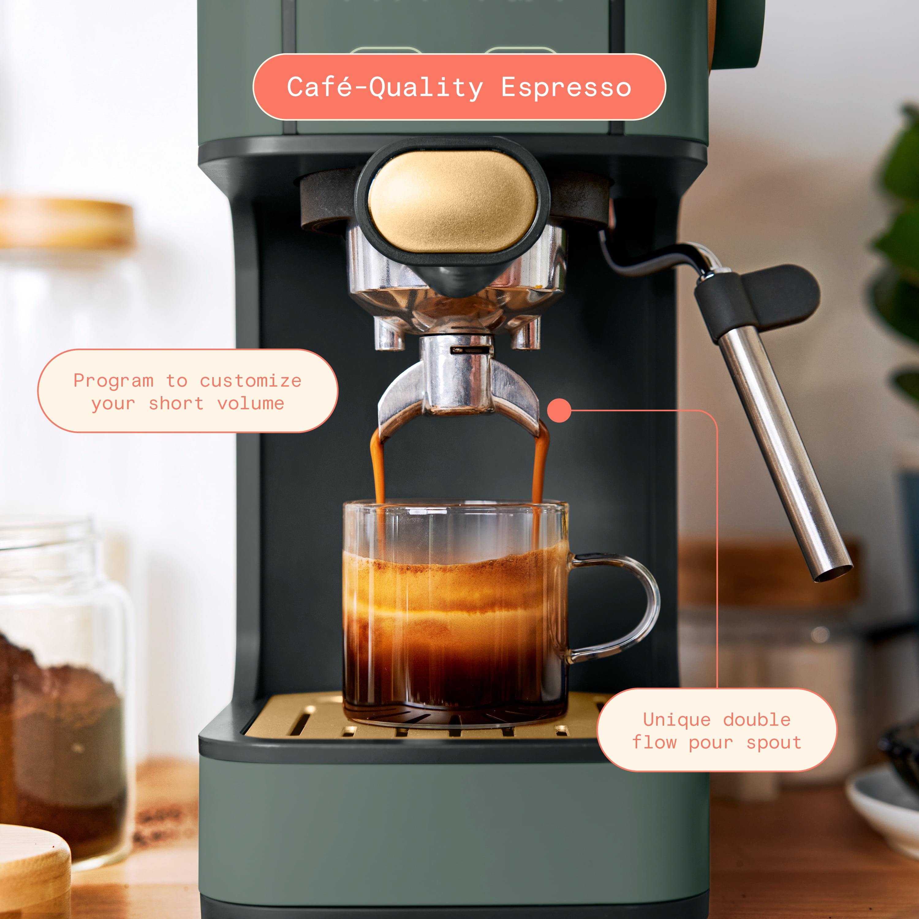 Beautiful Slim Espresso Machine with 20-Bar Pressure, Thyme Green by Drew Barrymore