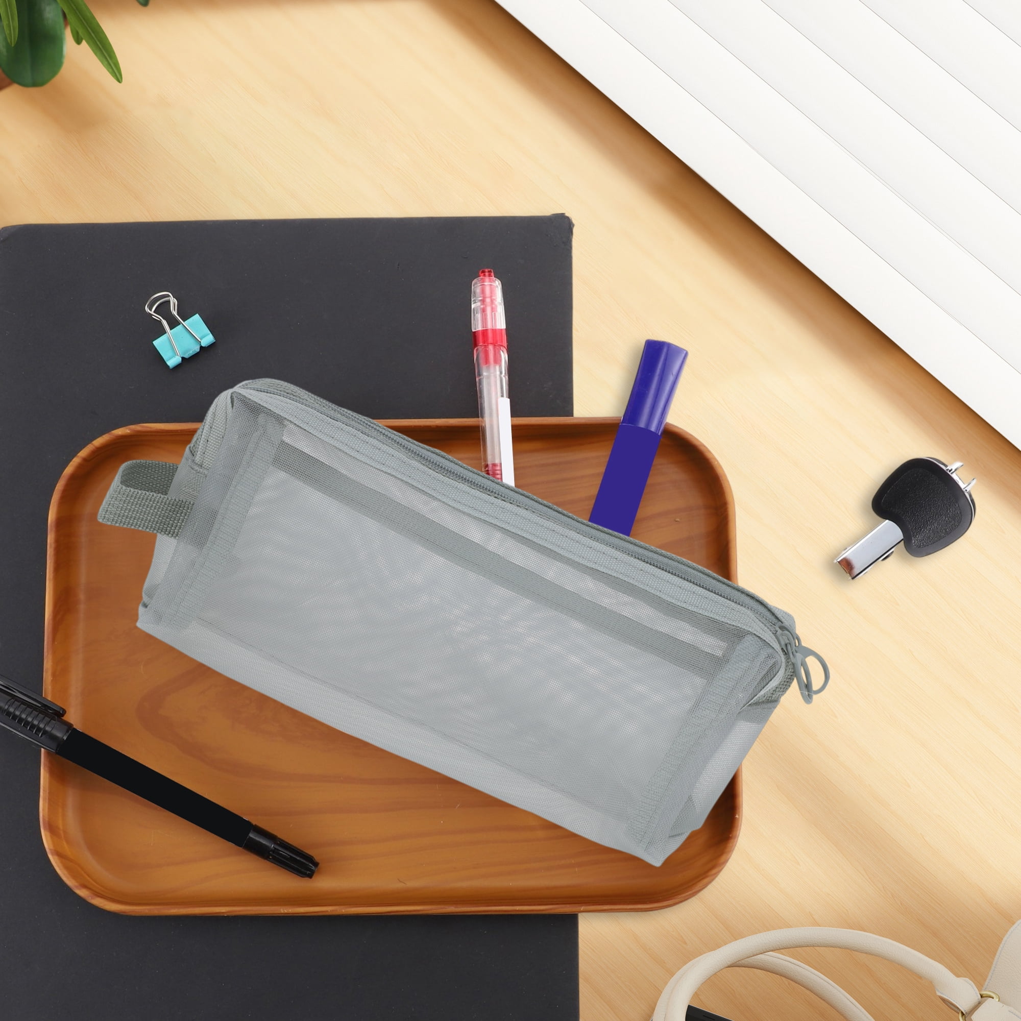 Unique Bargains Mesh Pen Bag, Zipper Mesh Pouch, Multifunctional Pencil Case Gray 8.27"x2.95"x2.95"