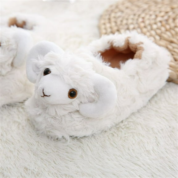 XIMIN Baby Infant Soft Plush Cartoon Animal Cute Goat Slippers Indoor Warm Ankle Flat Kids Home Slippers Toddler Fuzzy Thick Winter Closed Toe Slippers