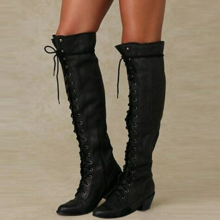 

QISIWOLE Outdoor Women s Round Toe Low-heeled Lace-Up Shoes Western Knight Long Boots Clearance