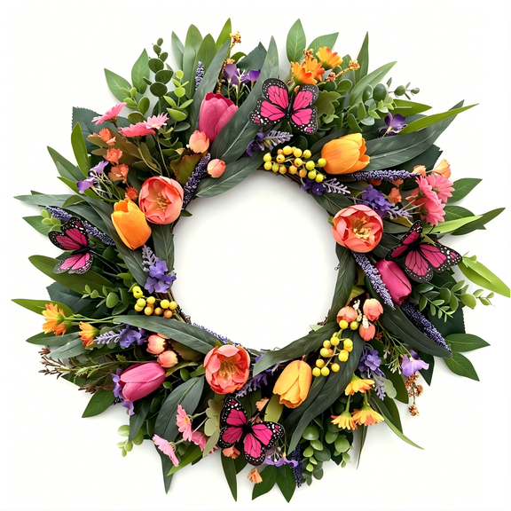 Myecovie 20Inch Spring Wreath for Front Door Artificial Spring Wreath Hanging Decorations Door Wreaths with Butterflies, Tulips and Roses Wall Decor for Indoor Outdoor