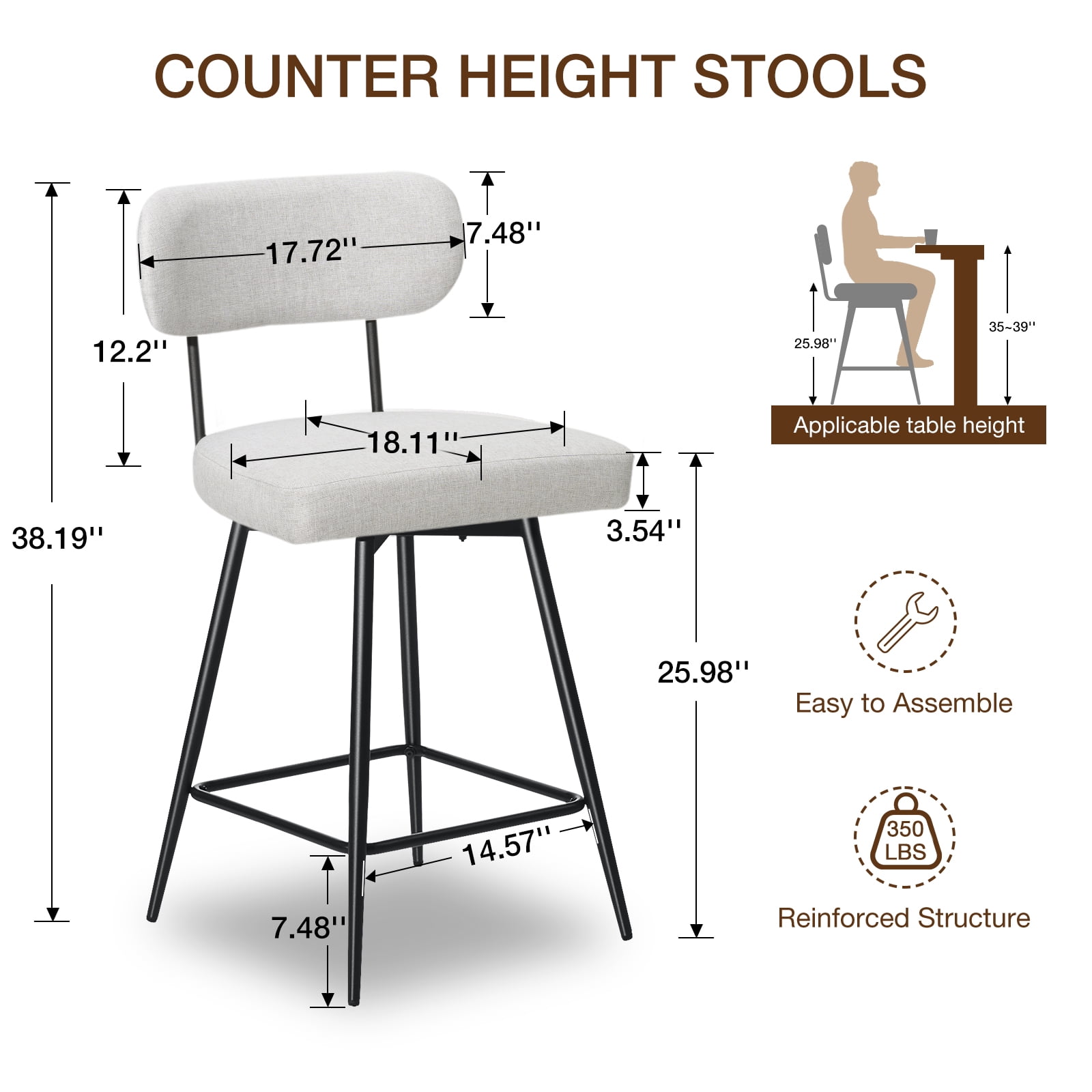 Hommpa Swivel Bar Stools Set of 3 Counter Height Barstools 26" Beige Linen Fabric Upholstered Kitchen Counter Stools with Backs, Metal Legs, Footrest and Wide Seat