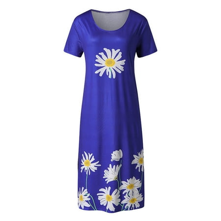 

Inkach Womens Flower Print O-Neck Casual Short Sleeve Ladies Loose Long Slip Dress