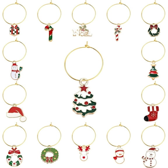 1 Box 30 Sets 15 Styles Christmas Wine Glass Markers Alloy Enamel Party Drink Markers Tags Charms Wine Glass Rings for Xmas Dinner Table Decoration Home Ornaments DIY