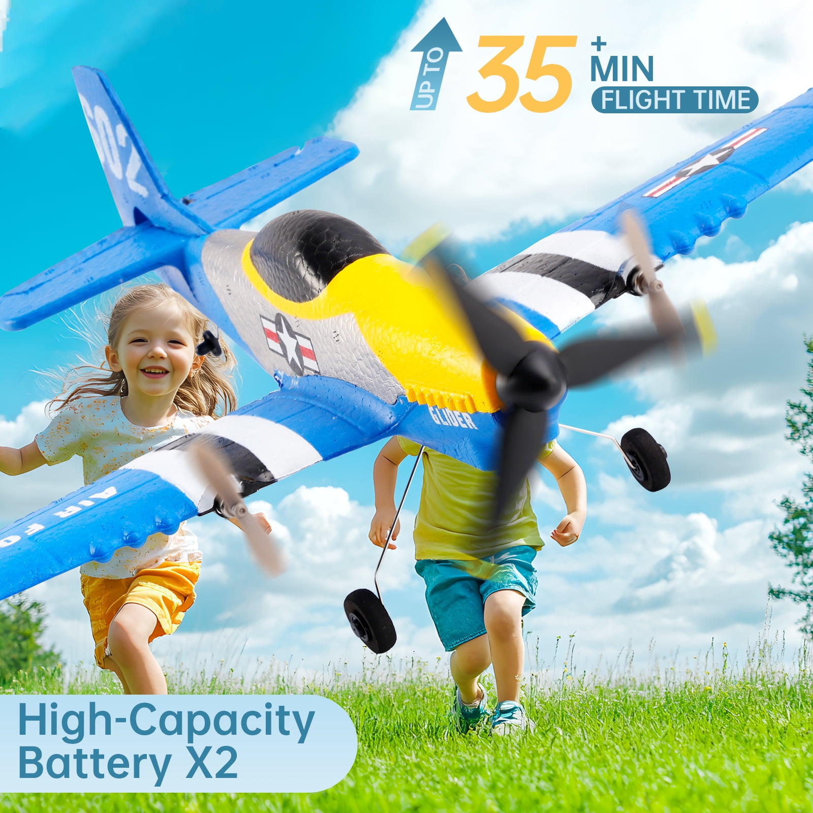 Bruce&Shark RC Plane 3 Channel P51 Remote Control Airplane Fighter Toys, 2.4GHz 6-axis Gyro Stabilizer RTF Glider Aircraft Plane with 2 Batteries, Easy to Fly for Adults Kids Beginners Boys