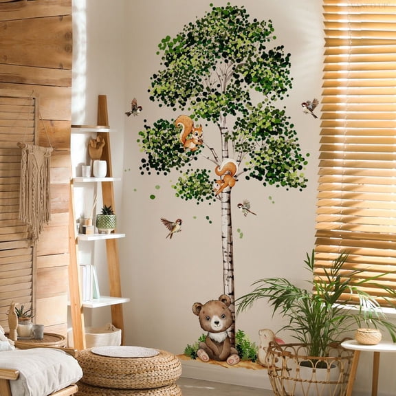 Large Birch Tree Wall Decals Forest Tree Wall Stickers with Bear Birds and Squirrels for Living Room Tv Background Bedroom Wall Decor, 59x34 inches