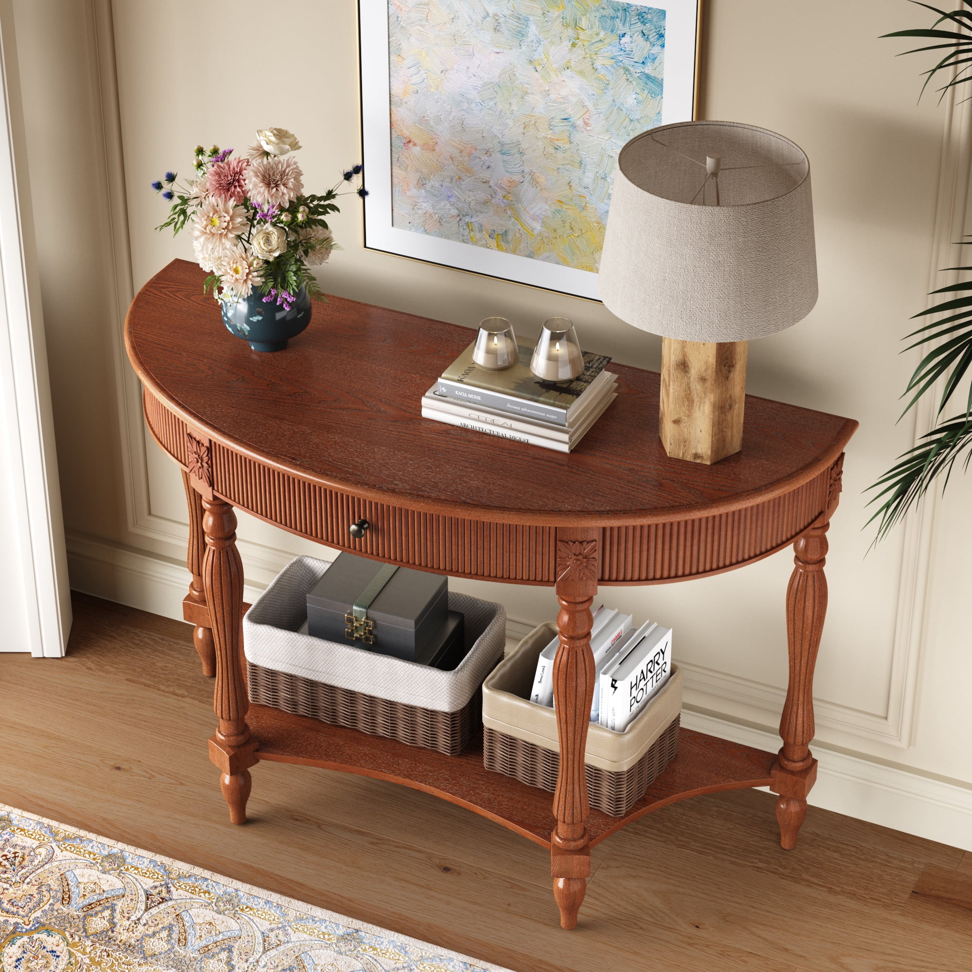Solid Wood Half Moon Console Table with Drawer & Shelf, Fluted Vintage Curved Entryway Table for Hallway Living Room Foyer, Narrow Space Sofa Table with Roman Column Carved Legs, Rustic Brown