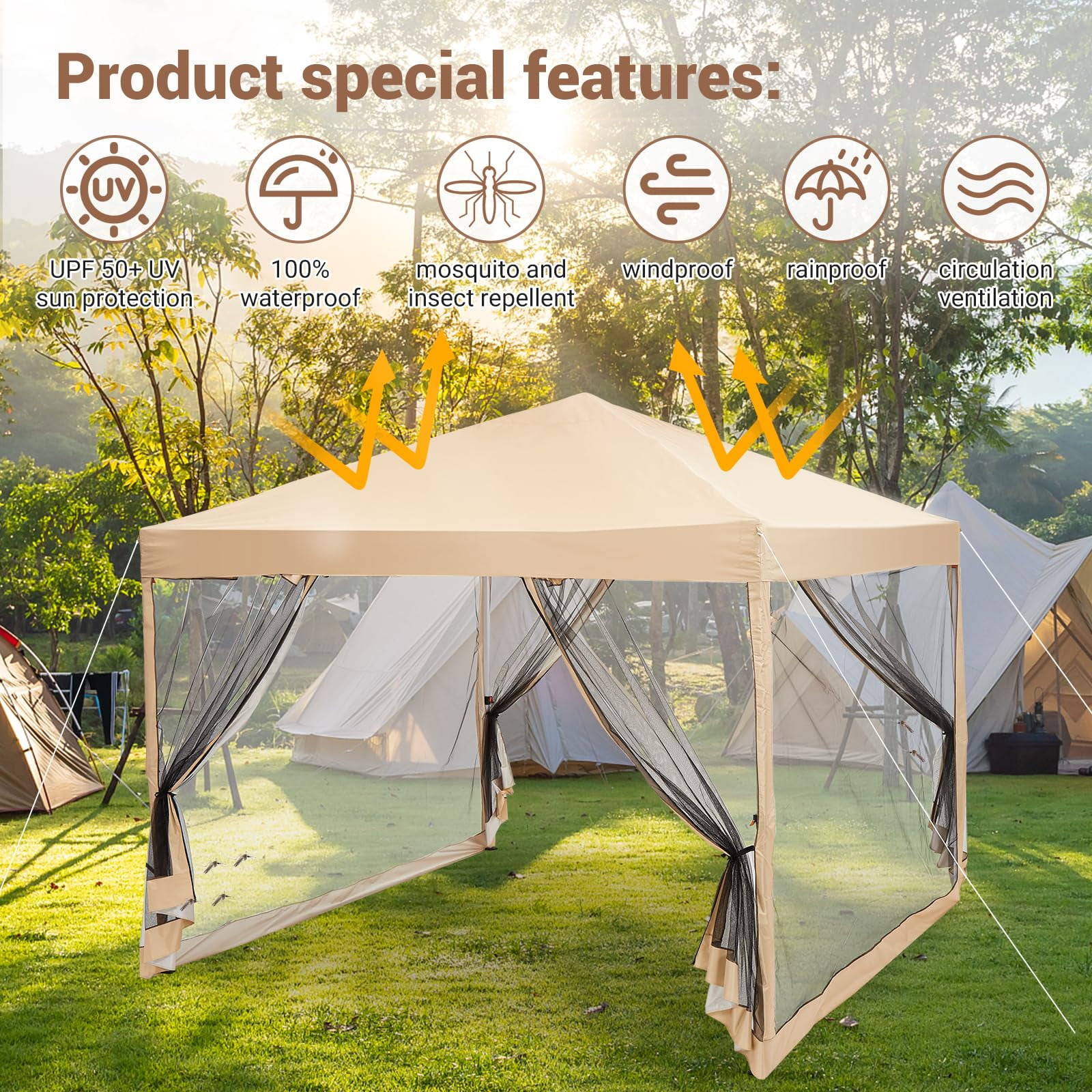 Huisuilinss Pop Up Canopy Tent,8/10FT Beach Tent,Commercial Outdoor Sun Shade,Waterproof Screen Tent,Portable Gazebo With Mesh Mosquito Netting/Side Walls For Events arties Camping Garden Outdoor