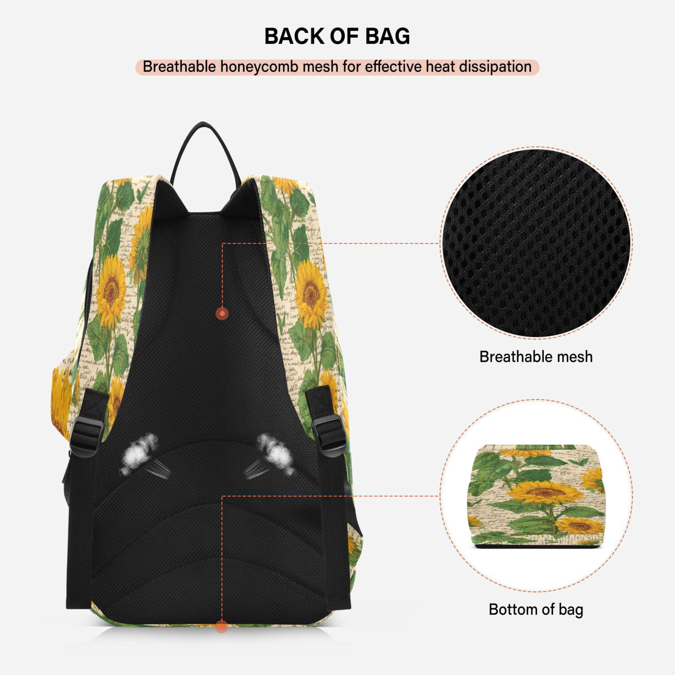 2 Racquet Holder Tennis Backpack Tennis Racket Covers Gym Bags Retro-chic Sunflowers