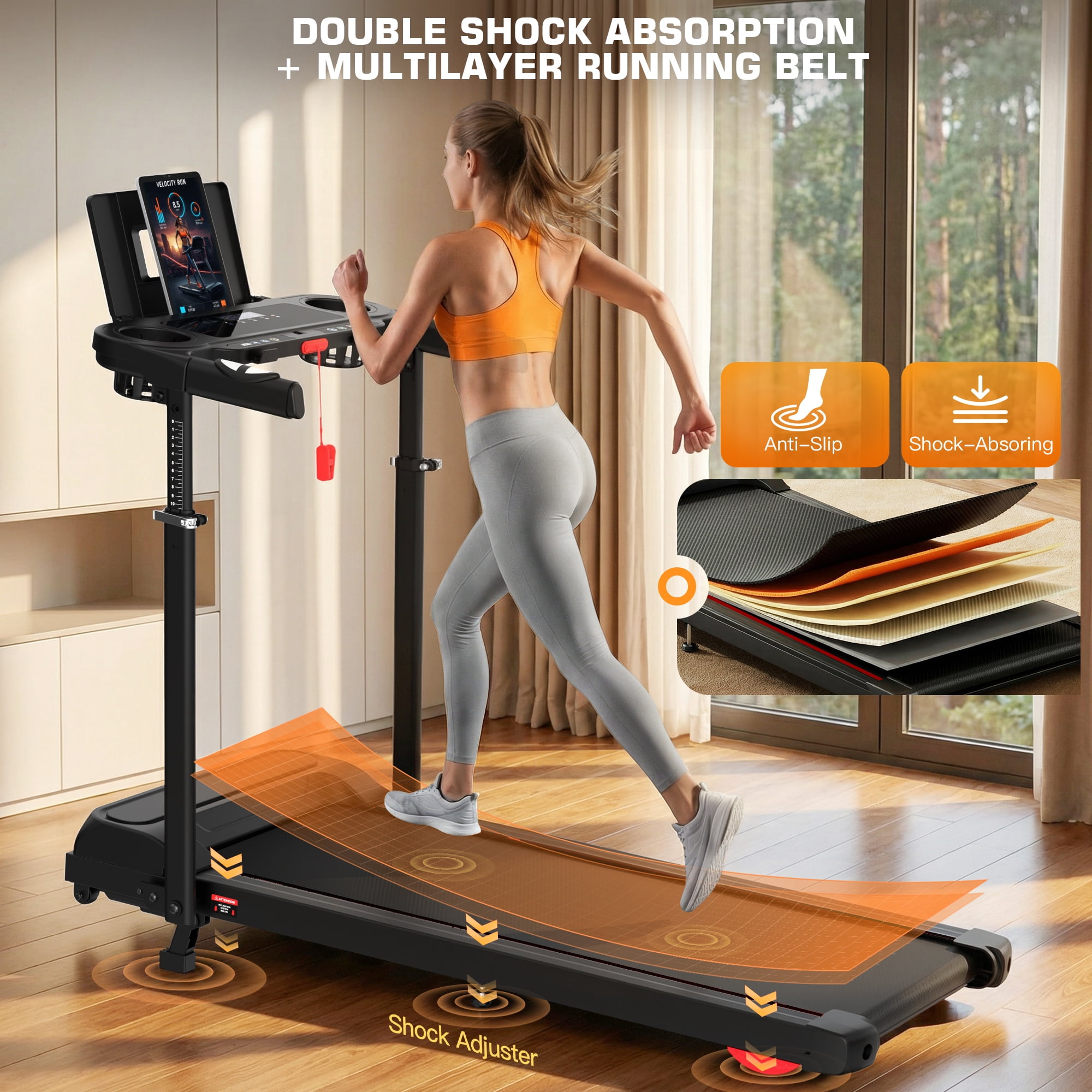 Kismom 8% Incline Treadmill with Adjustable Height & Foldable Workstation, 3.5HP Home Treadmill 300 lbs Capacity, 12 Programs & Heart Rate Monitor