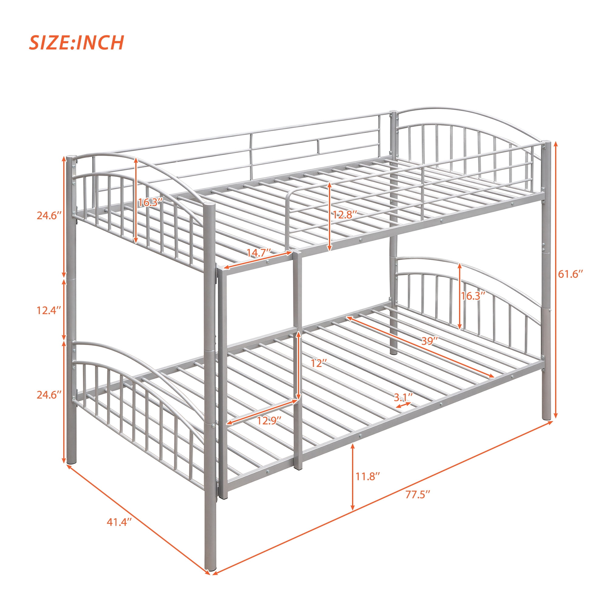Gewnee Convertible Twin over Twin Heavy Duty Metal Bunk Bed with Ladder for Kids Teens,Silver