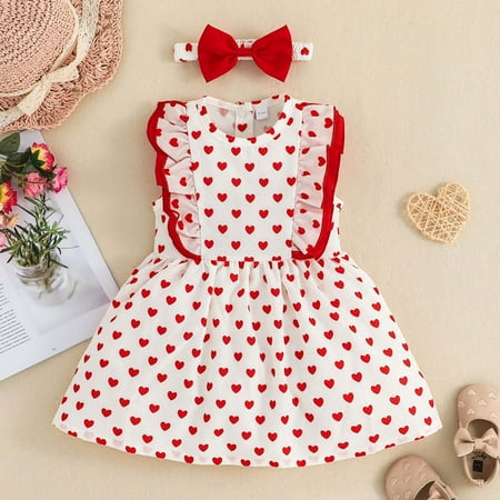 

jsaierl Valentine s Day Baby Girls Sleeveless Sweet Printing Princess Dress +Bow-knotHeadband Two-piece Set