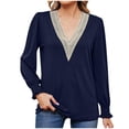 thumbnail image 2 of Jinhomg Dressy Casual Shirts for Women Trendy Patchwork V-Neck Blouses Lightweight Comfy Long Sleeve Pullovers Business Work Tops Navy XL, 2 of 4