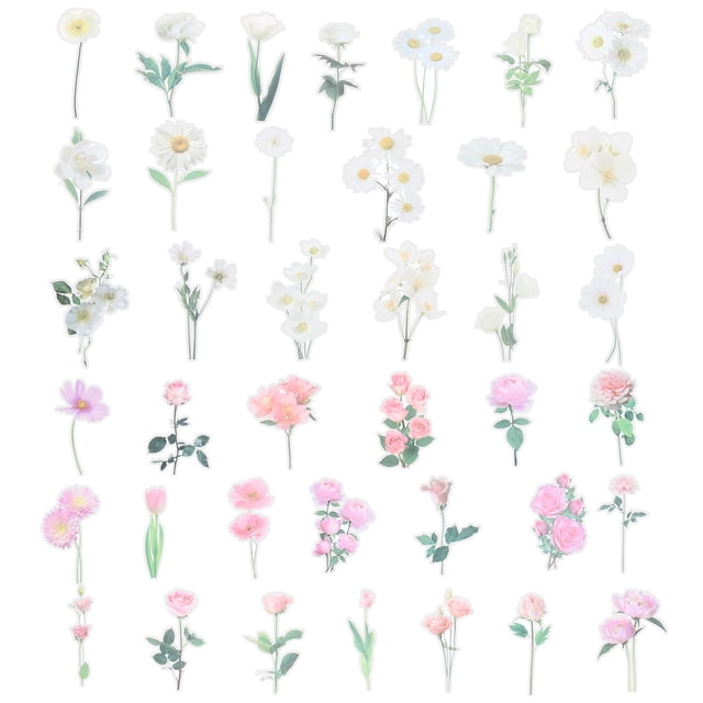 Calcomanías de flores de vinilo transparentes, calcomanías de flores claras de PET para álbum de recortes, 80 hojas en verde y rosa