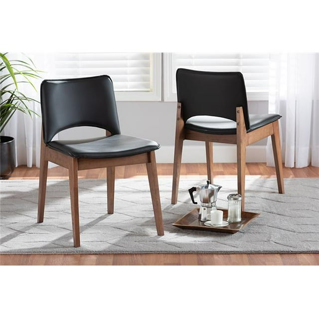 Wholesale Interiors RDC827-Black-Walnut-DC Baxton Studio Afton Mid-Century Black Faux Leather Upholstered Wood Dining Chair Set, Walnut Brown - Pack of 2