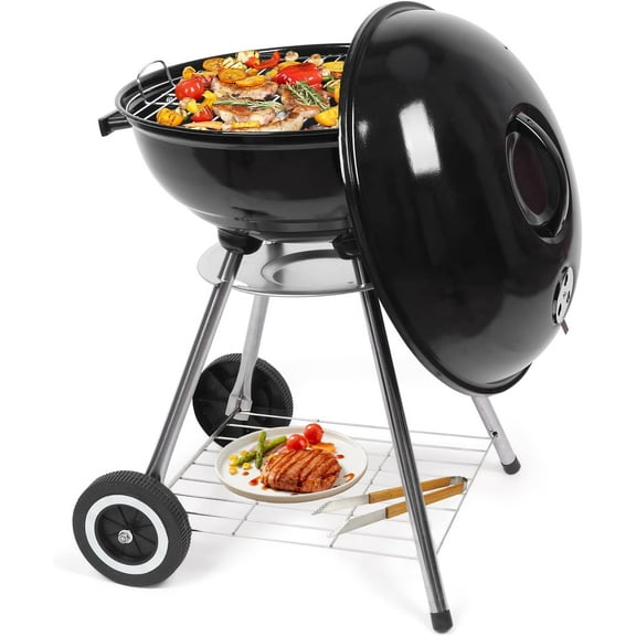 WSRFSD Charcoal Grill, 18 Inch Portable BBQ Grill with Wheels and Storage Rack, Stainless Steel Charcoal Barbecue for Outdoor Camping, Picnic, Party, Backyard Cooking - Black