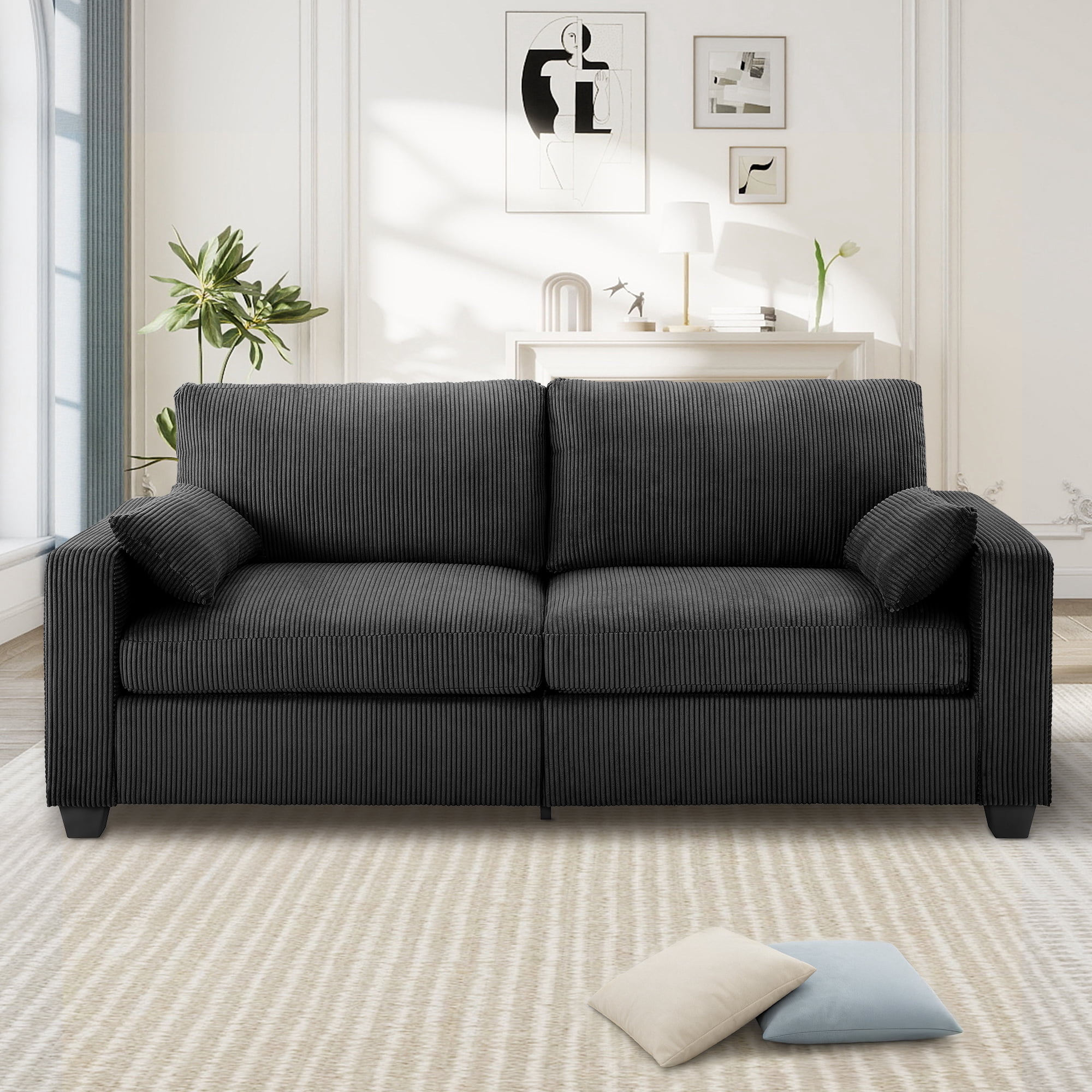 Lunale 79" Corduroy Loveseat Sofa, Modern Cloud Couch for Living Room, Apartment, Black