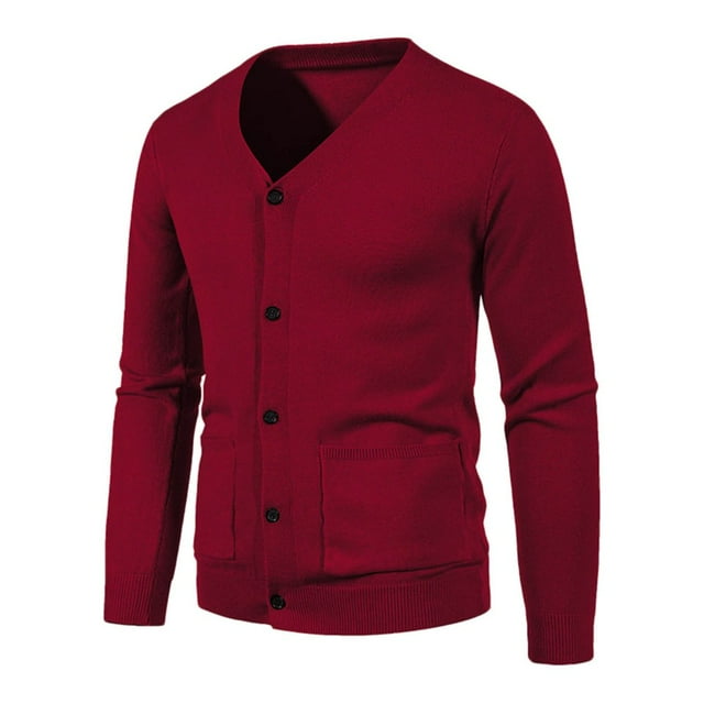 Mens Cardigan Coats Long Sleeve Winter Fall Button Solid V Neck Slim Fit Warm Sweater Casual Cardigans Tops in a vibrant red color. Features a button-up front, long sleeves, and two front pockets. Made of soft rayon fabric with a knitted texture, offering comfort and breathability. Ideal for casual wear during fall and winter seasons, and categorized under men's sweaters and cardigans.