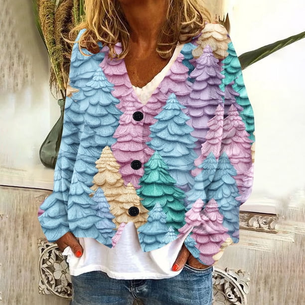 Cárdigan informal con estampado navideño para mujer, chaqueta con botones, blusa de poliéster