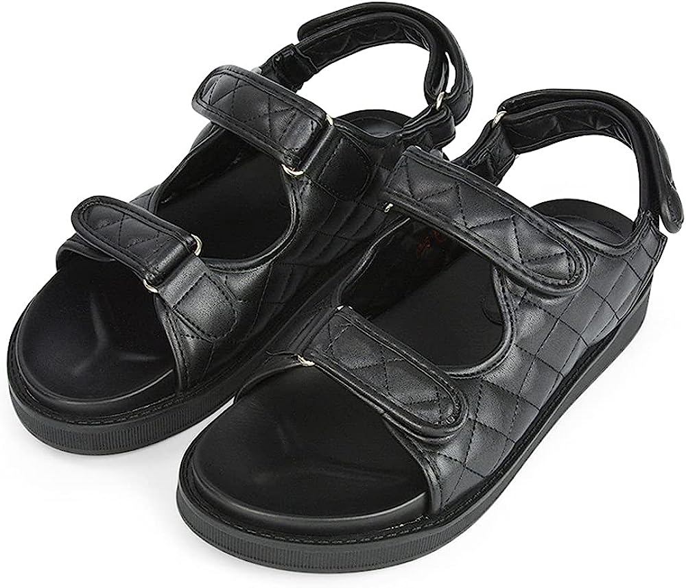 Womens Quilted Double Strap Flat Dad Sandals Ladies Flexible Sole 