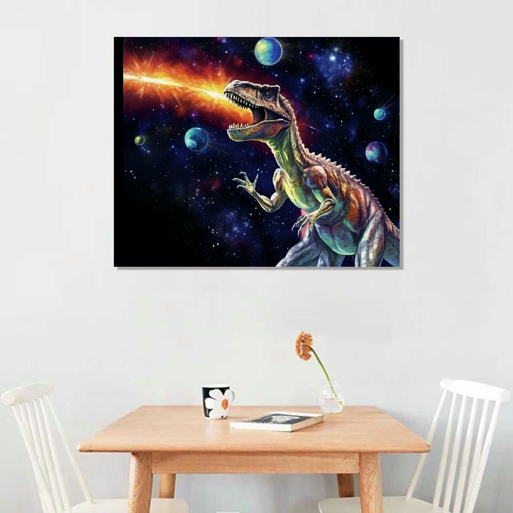 COMIO Dinosaur Decor Wall Art for Boy's Room Dinosaur Pictures Universe Space Decor Canvas Painting Framed Artwork for Living Room Bedroom 20x16in