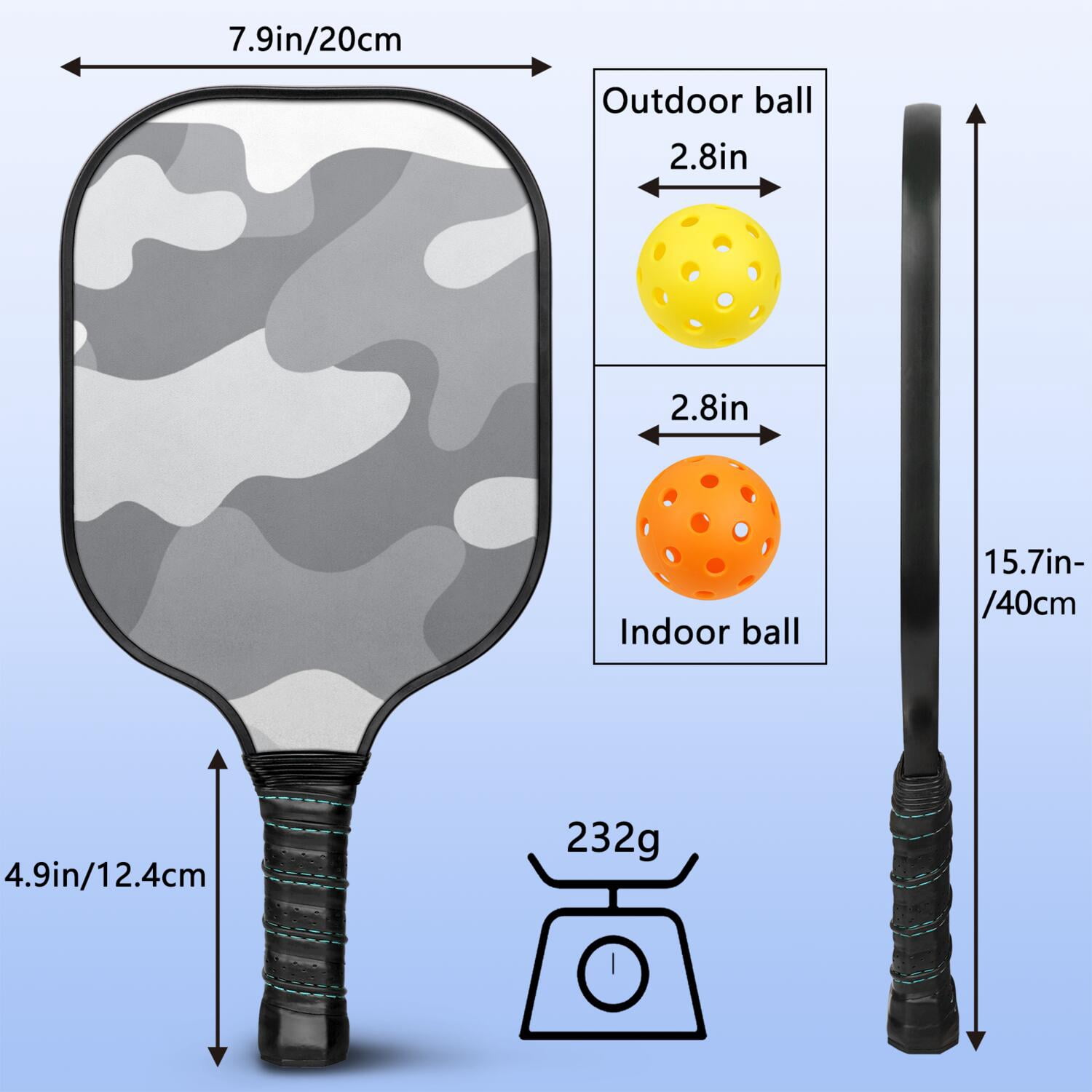 Pickleball Paddles Set Of 1, Fiberglass Surface, Camouflage Print, 1 Paddle, 2 Balls & Bag