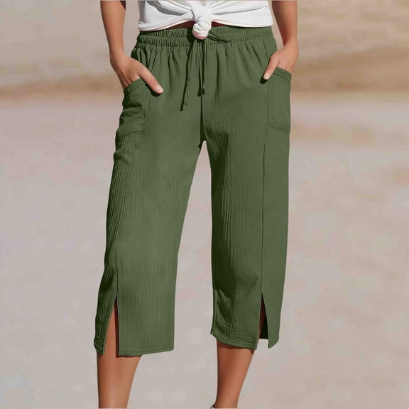 JUSLIO Women Capris Elastic Waist Drawstring with Pockets Casual Fashion Capris Army Green L