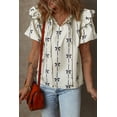 thumbnail image 4 of Women's Beige Bow Printed Ruffled Bubble Sleeve Tied Notched V Neck Blouse - Cute & Feminine - [ZhiHiMeRi] | (US 12-14)L, 4 of 12