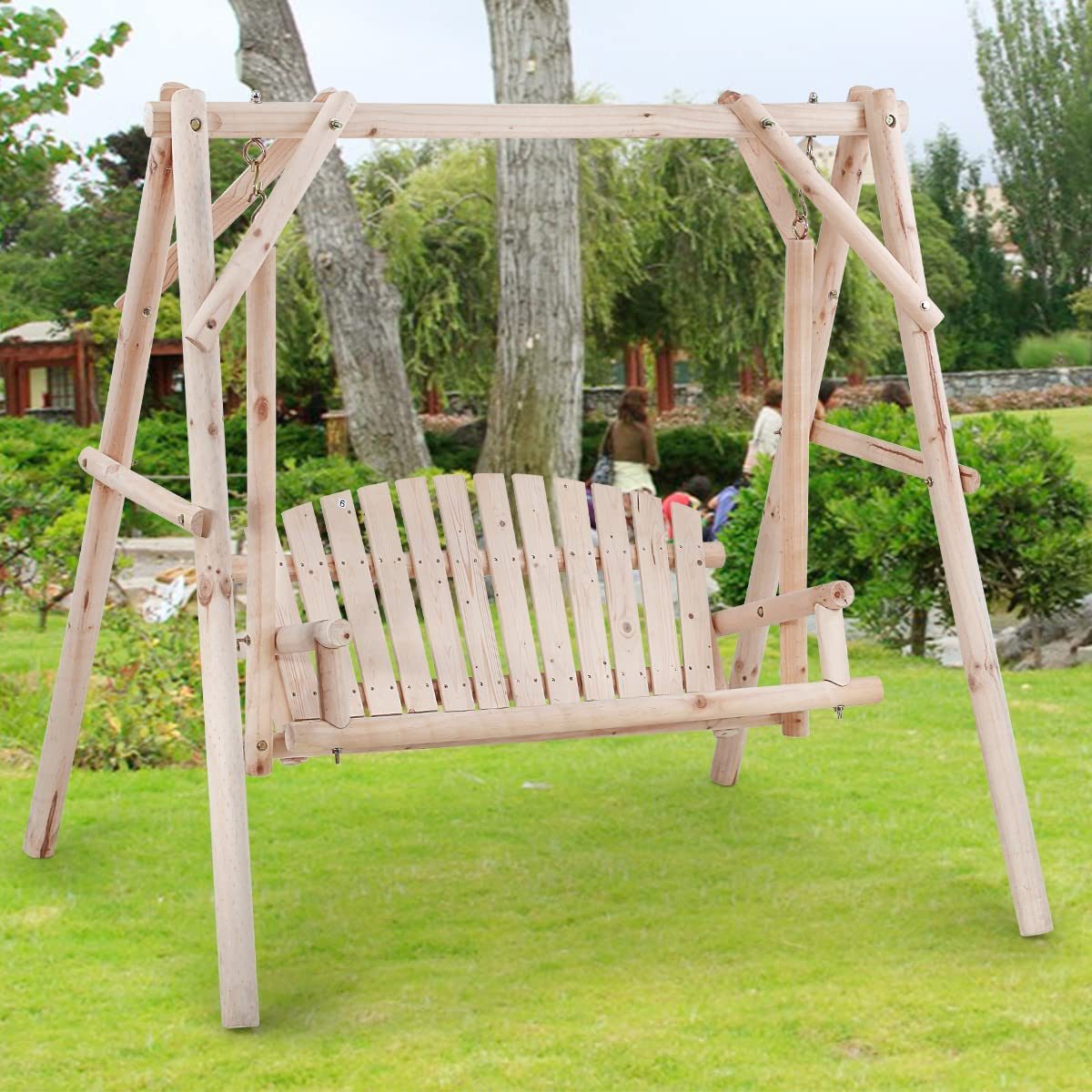 YRLLENSDAN Wooden Swing Chair, 67 inch A-Frame Free Standing Porch Swings, Outdoor Log Porch Swing Wooden frame Garden Swing Patio Beach Swing Set Patio Chairs - image 1 of 7