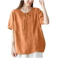 thumbnail image 2 of Busydd Plus Size Womens Tops M-4XL Casual Solid Color Short Sleeve Going Out Tops for Women Trendy Round Neck Spring Summer Tops Comfy Peasant Cotton Linen Shirts, 2 of 4
