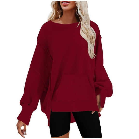 FAIWAD Womens Long Sleeve Round Neck Sweatshirt Loose Plus Size Basic Solid Color Side Split Pullover Tops