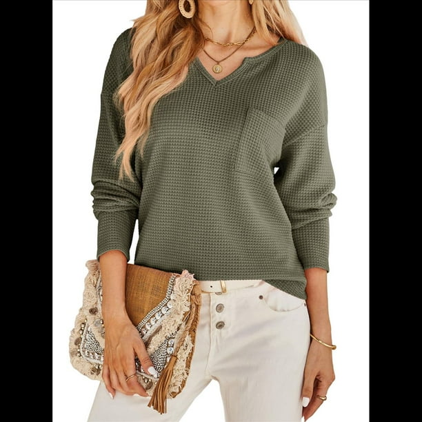 Blusas para Mujer, de Punto Gofre, de Larga, con Cuello en V y Muescas, Informales, Modernas, de Color Liso, Holgadas Verde XL