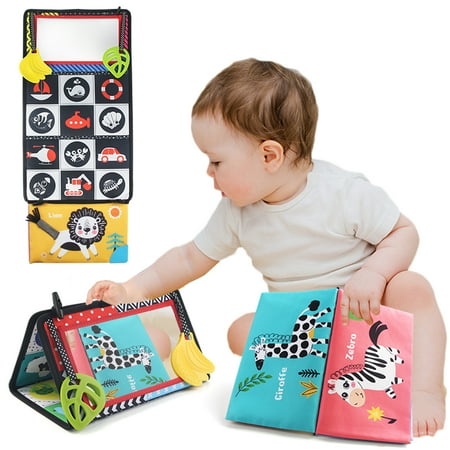 Baby Mirror Toys with Teether Soft Cloth Book Infant Toys Tummy Time Game Distorting Mirror Newborn Gifts