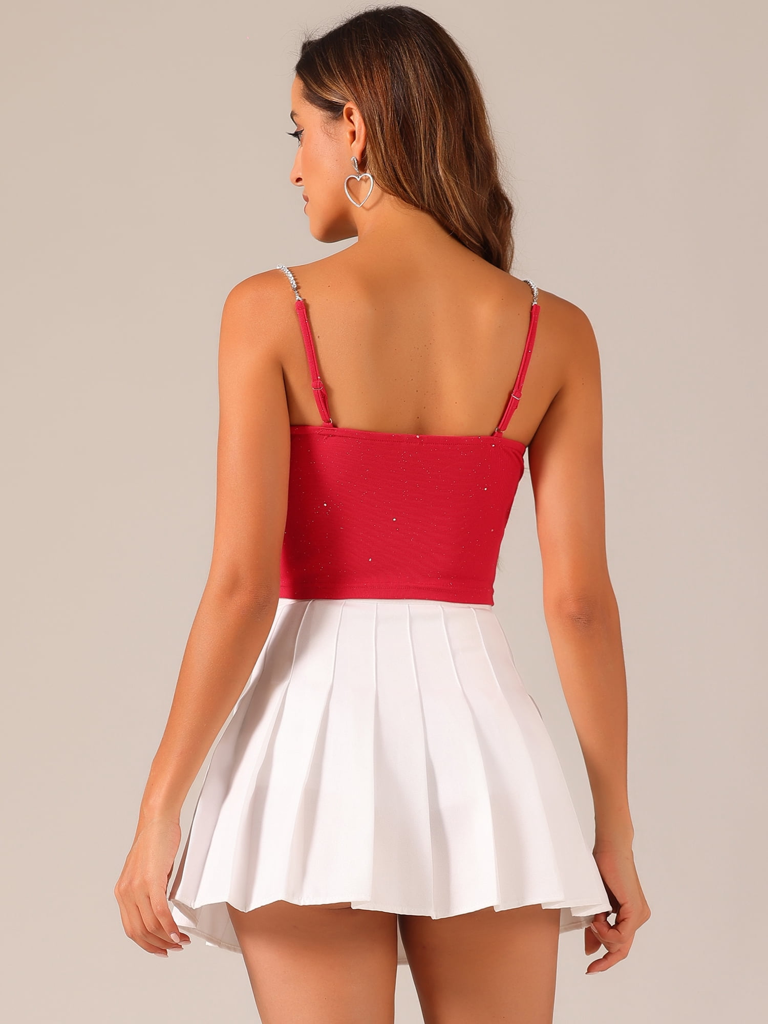 DARING DIVA Women's Glitter Rhinestones Encrusted Cut Out Cami Crop Tank Tops L Red