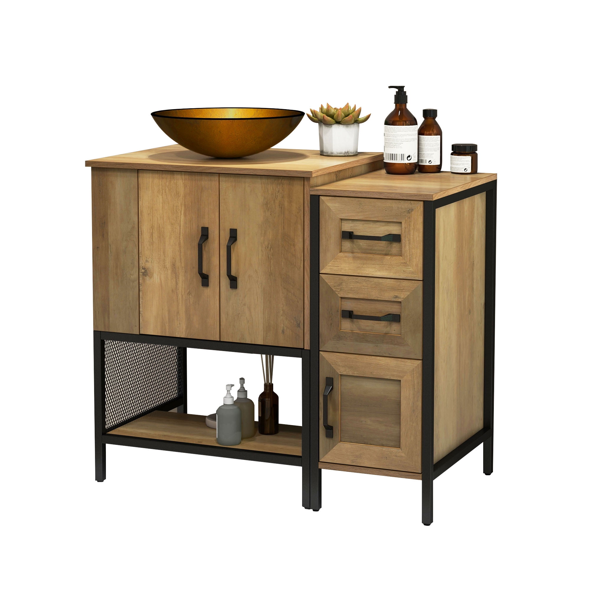 Uforic 35.4 Inch Bathroom Vanity with Countertop Sink, Rustic Free Standing Bathroom Storage Cabinet with Drain, Rustic OAK