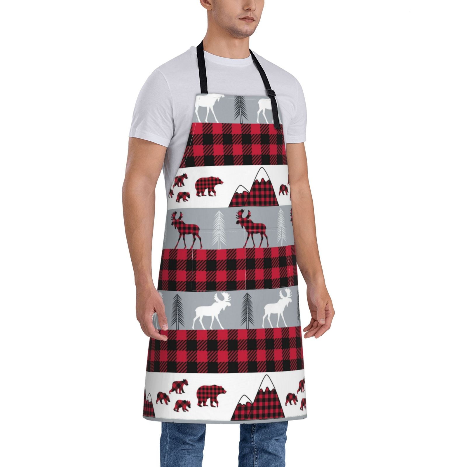 Kdxio Buffalo Plaid Forest Apron with Pockets Adjustable Kitchen Aprons for Men Women Waterproof Aprons for Cooking,Drawing,Crafting, Baking Household Cleaning