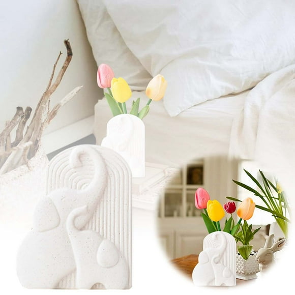 Attract Wealth Elephant Vase - Cute Modern Ceramic Ornament for Home Table Decoration - Stylish White Desktop Piece