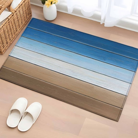 Blue Brown Bathroom Rug Washable 2x3 Entryway Rug Non Slip Vintage Farmhouse Gradient Wooden Grain Front Door Mat Low Pile Indoor Doormat Throw Floor Carpet for Kitchen Bedroom Entrance