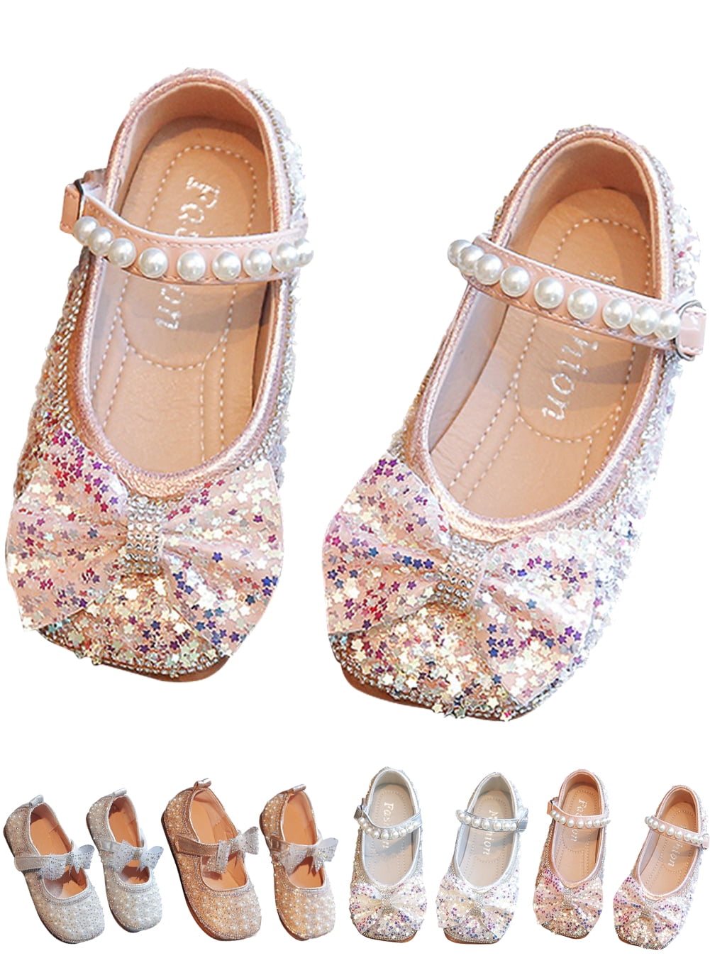 GYRATEDREAM 19T Kids Girl Dress Shoes Toddler Princess Sparkly Pearl